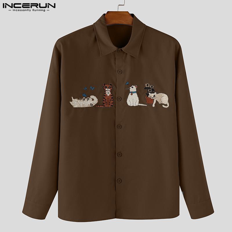 INCERUN Oversized Men Lapel Neck Long Sleeve Embroidery Casual Shirts Tops