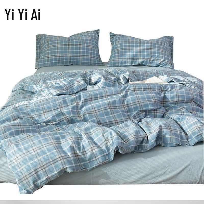 Yi Yi Ai Washed Cotton Light Blue Plaid 3-Piece Bedding Set