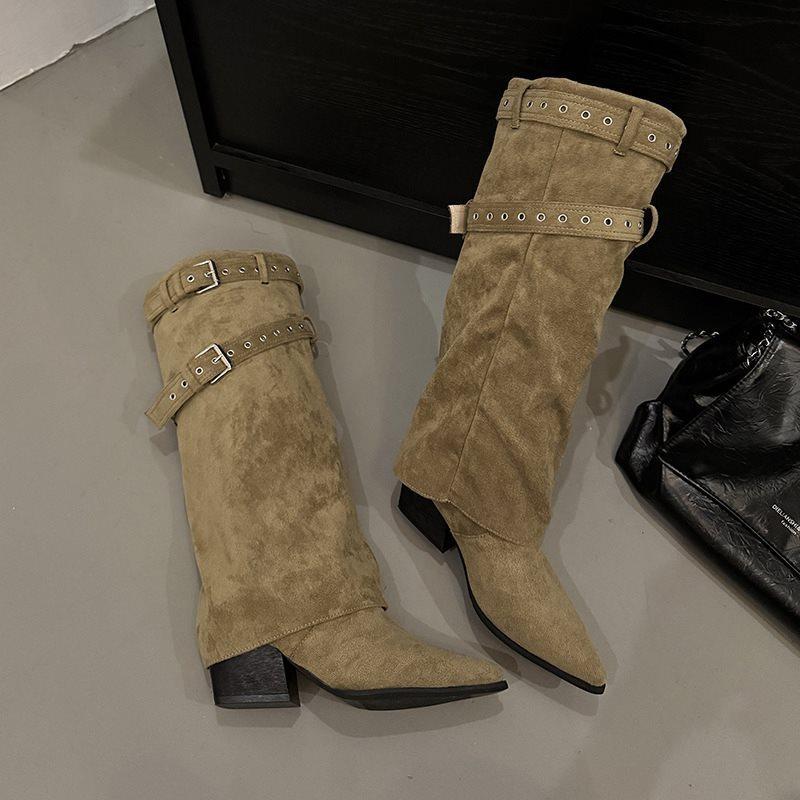 High Boots, Belt Buckle Women's Autumn and Winter Thin Heels, New Western 2025 Versatile Cowboy Boots Fashion Boots Pointed Retro