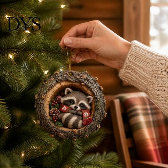 Christmas Tree Pendant Hole Animal Acrylic Ornament, Owl Fox Raccoon Bird Hedgedog Holiday Party Decorations Squirrel Pinecone Pendant, Seasonal