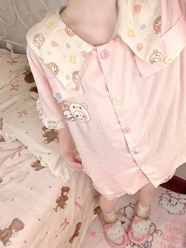 

Insert color pink easy bear pajamas women s summer doll collar short-sleeved shorts cardigan two-piece girl loungewear S