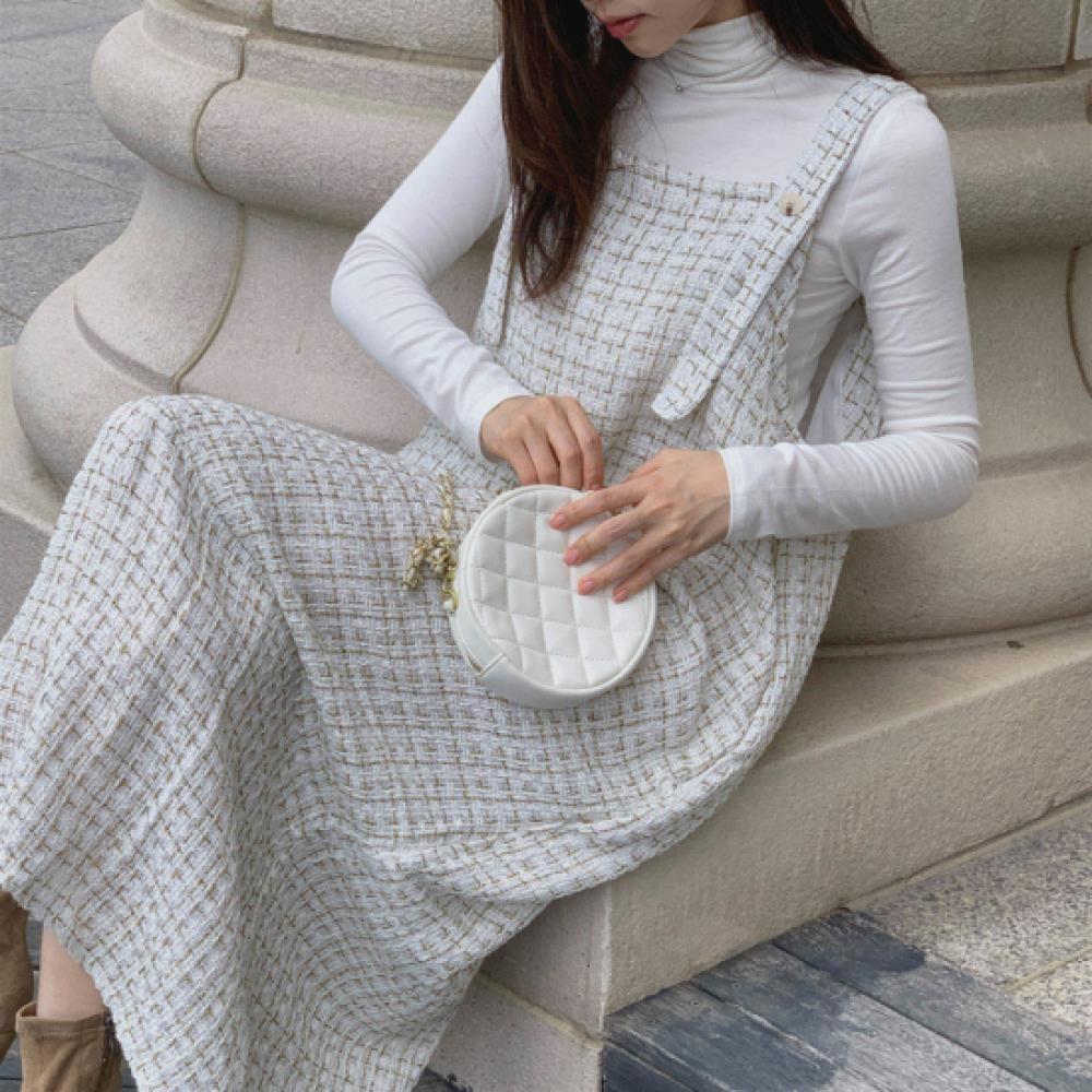New Arrivals Open Run Women Lovely Tweed Pintuck Flare Suspender Long Dress