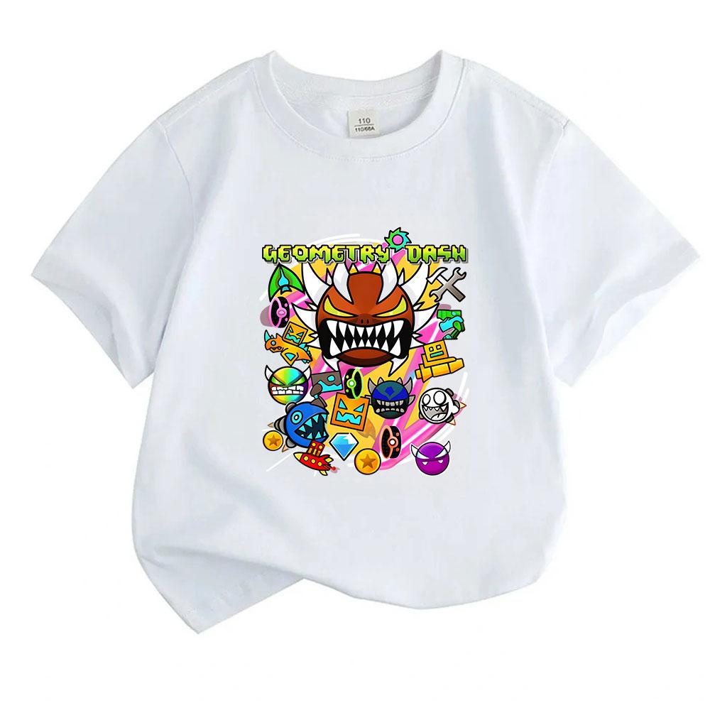Kids Boys Girls 100% Cotton Crew Neck Short Sleeve T-Shirt, Geometry Game Cartoon Print Casual Summer Tee for Children Daily Wear Active Tops