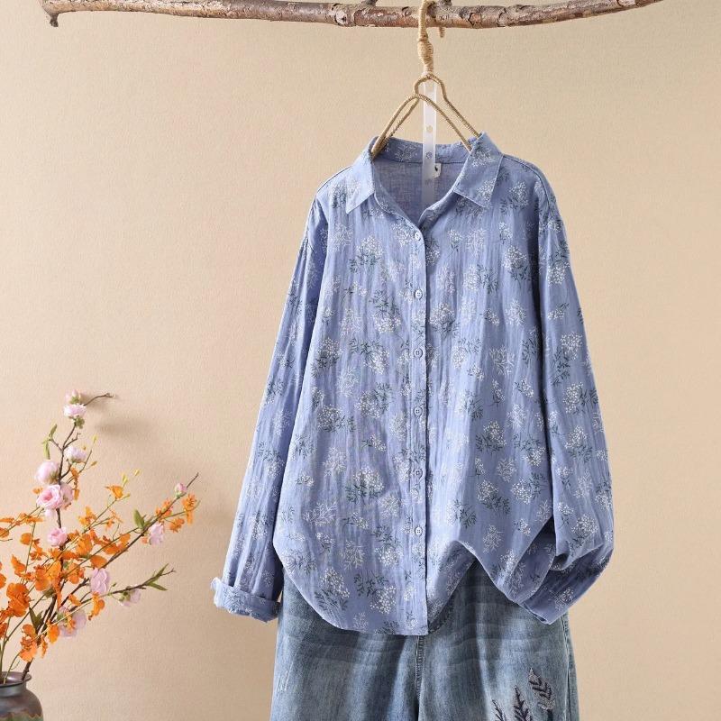 Women Floral Print Long Sleeve Button-Up Shirt (Multicolor) S