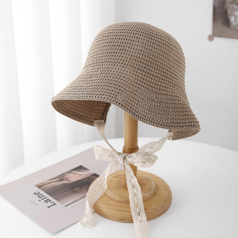 Japanese Minimalist Knit Bucket Hat For Women Wide Brim Sun Hat With Ribbon Beach Cap For Travel Outdoor City Casual Sunhat New