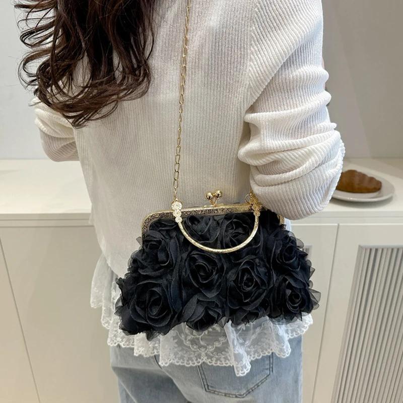 Elegant Women 3D Floral Chiffon Evening Bag Handcrafted Chain Strap Clutch Purse for Wedding Party Shoulder Crossbody
