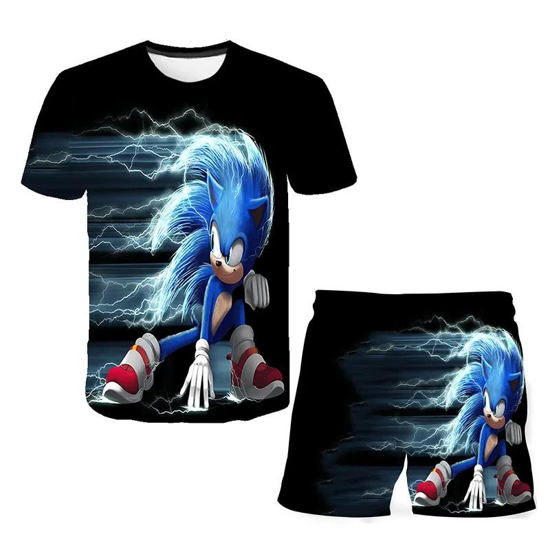 2025 MINISO New boys and girls super sonic Tshirts+shorts  Harajuku Sonic print suit T-shirt + shorts fashion street style children's short sleeves