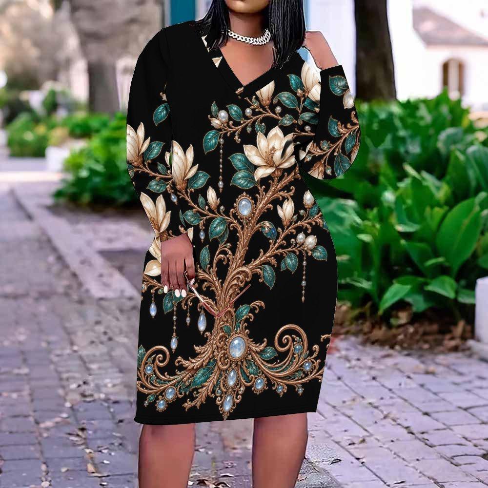 Women s Plus Size V Neck Long Sleeve Printed White Beige Fitted Midi Dress