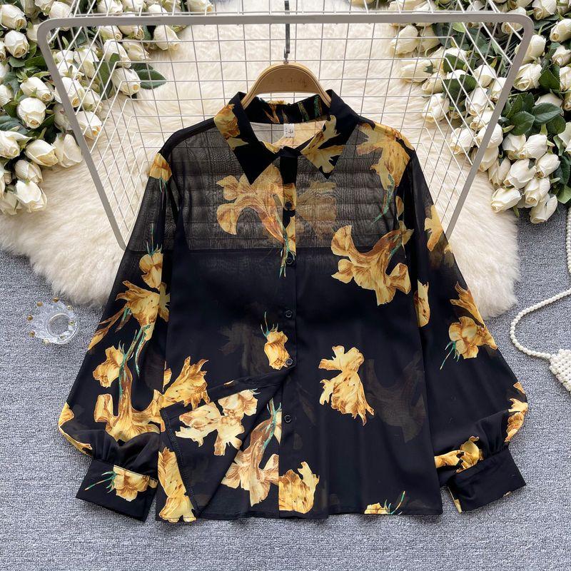 

Fashion Commuter s All-Matching Thin Shirt Women s Long-Sleeved Shirt Fancy Single-Breasted Print Chiffon Shirt Anti-Aging Top Black background yellow butterfly All yards