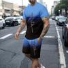 Summer Fashion Casual Men's Suit Gradient 3D Printed Sportswear Short-sleeved Suit Oversized Round Neck T-shirt Shorts 2-piece