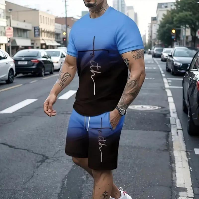 Summer Fashion Casual Men's Suit Gradient 3D Printed Sportswear Short-sleeved Suit Oversized Round Neck T-shirt Shorts 2-piece