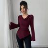Women's Ribbed Off-Shoulder Knit Top Slim Fit Long Sleeve Shirt Fall Winter 2026 Casual Commuter Blouse