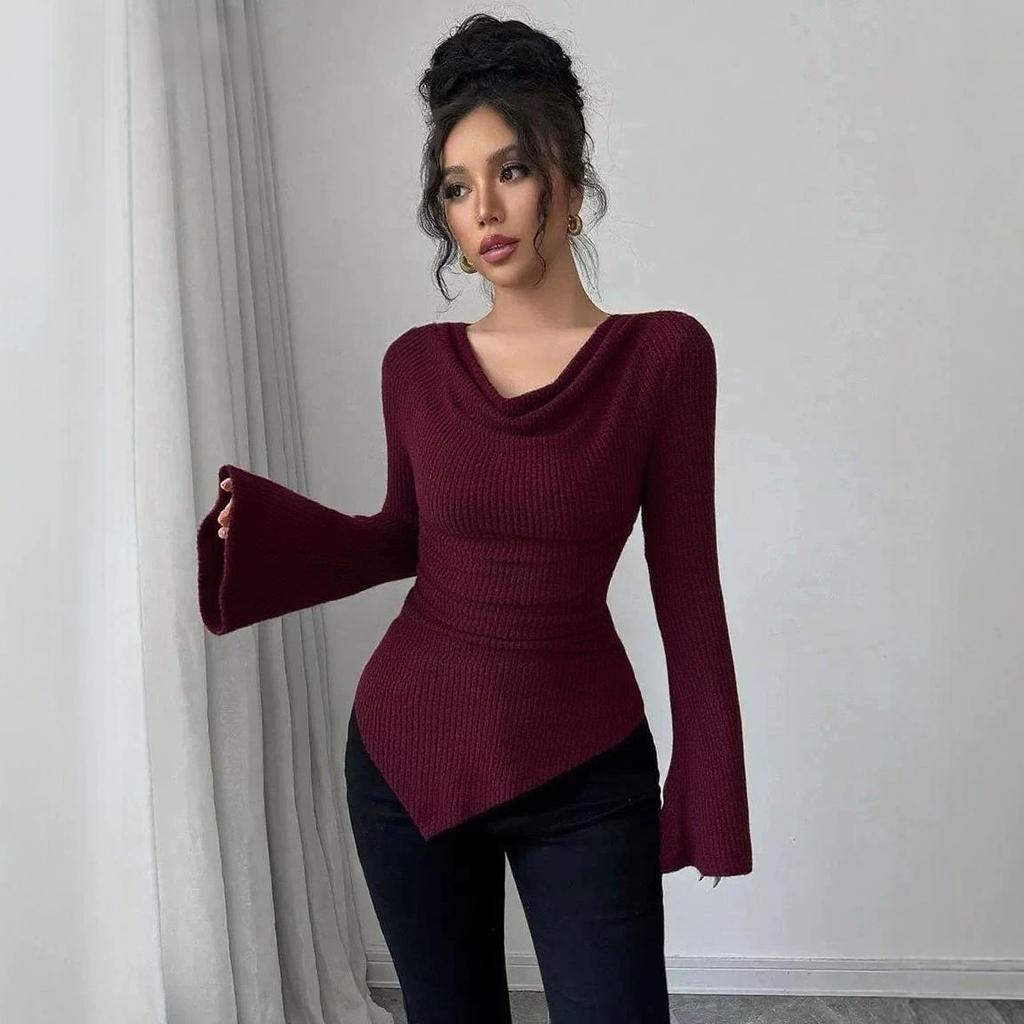 Women's Ribbed Off-Shoulder Knit Top Slim Fit Long Sleeve Shirt Fall Winter 2026 Casual Commuter Blouse