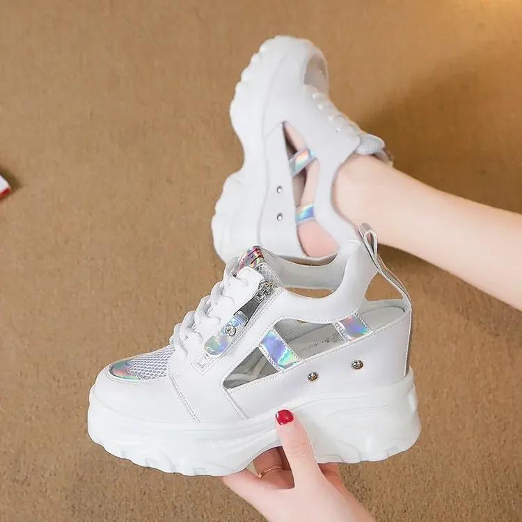 Fashion 2025 Summer Women Sandals 9cm Wedges Hollow Out Sneakers Ladies Breathable Mesh Platform Casual Shoes Woman White Shoes