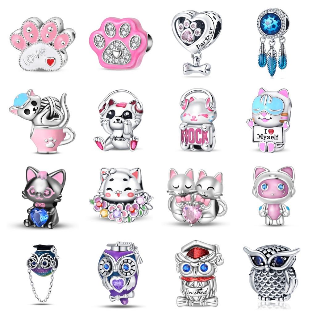 2026 Charm Pendant Cute Pet Cat Owl Beads Zircon DIY Jewelry Bracelet Accessories 925 Silver