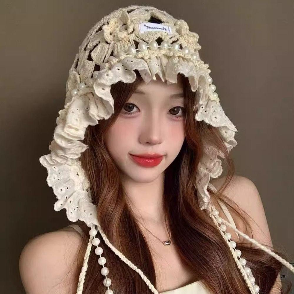 Pearl Tassels Lace Beanies Hollow Out Weave Cap Cute Ethnic Style Hat  Girls