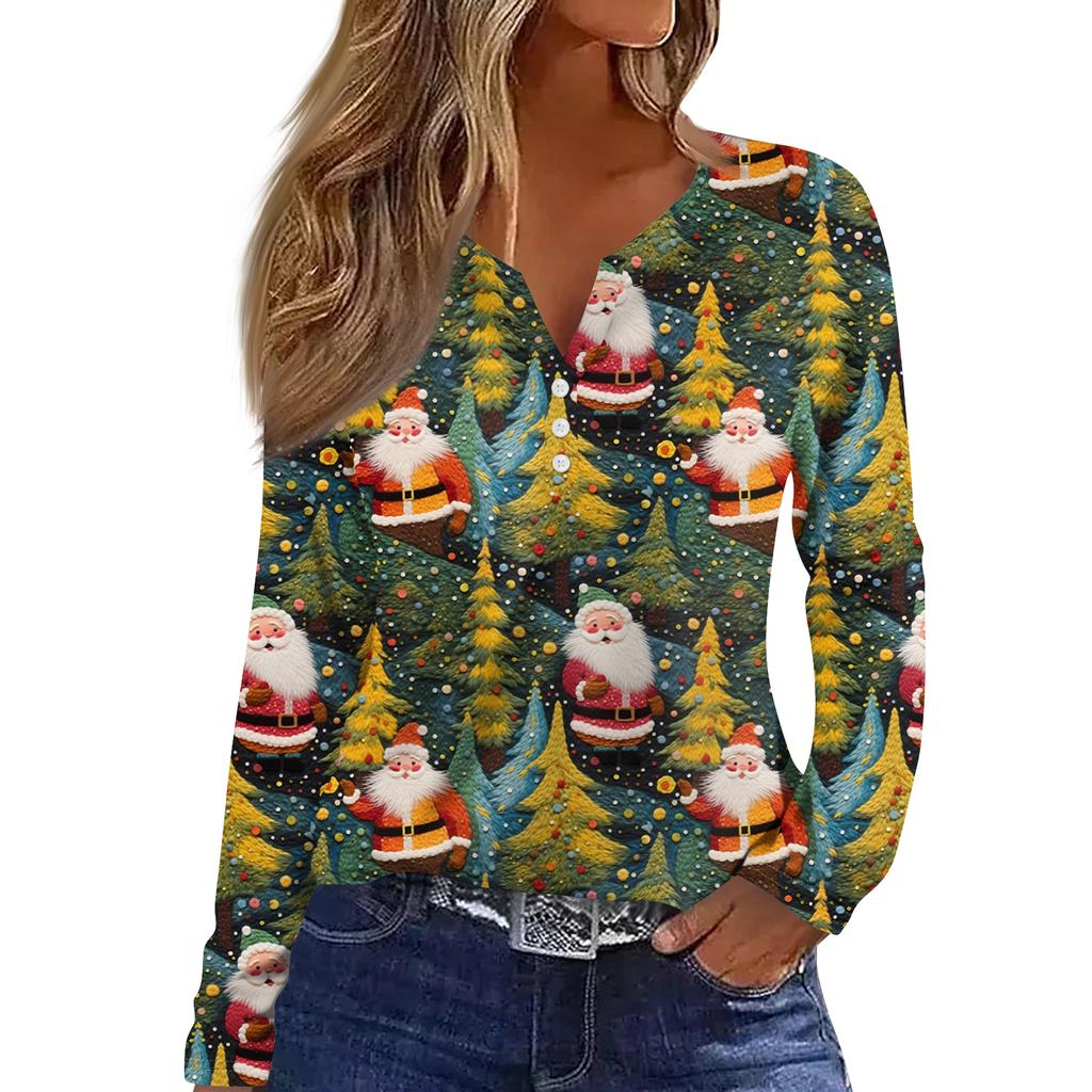 Women's Fashion Casual V-Neck Button-Up Long-Sleeve T-Shirt With Christmas Print Top
