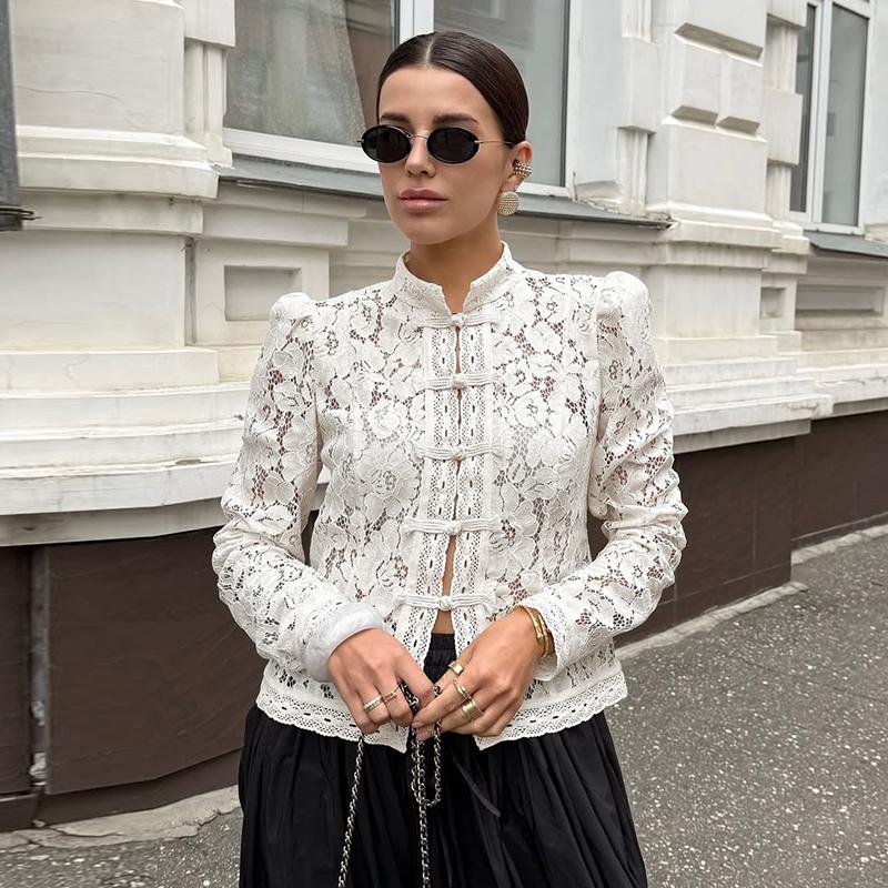 Elegant Lace Shirts Tops Female Hollow Out Commute Vintage See-Through Blouses Single Breasted Shrug Shirts New
