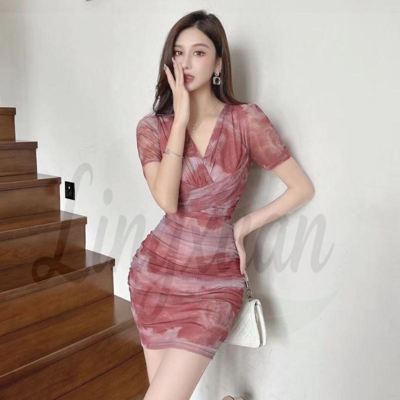 

Gradient V-neck Crossover Short Sleeve Slim-fit Hip-hugging Skirt L рожевий