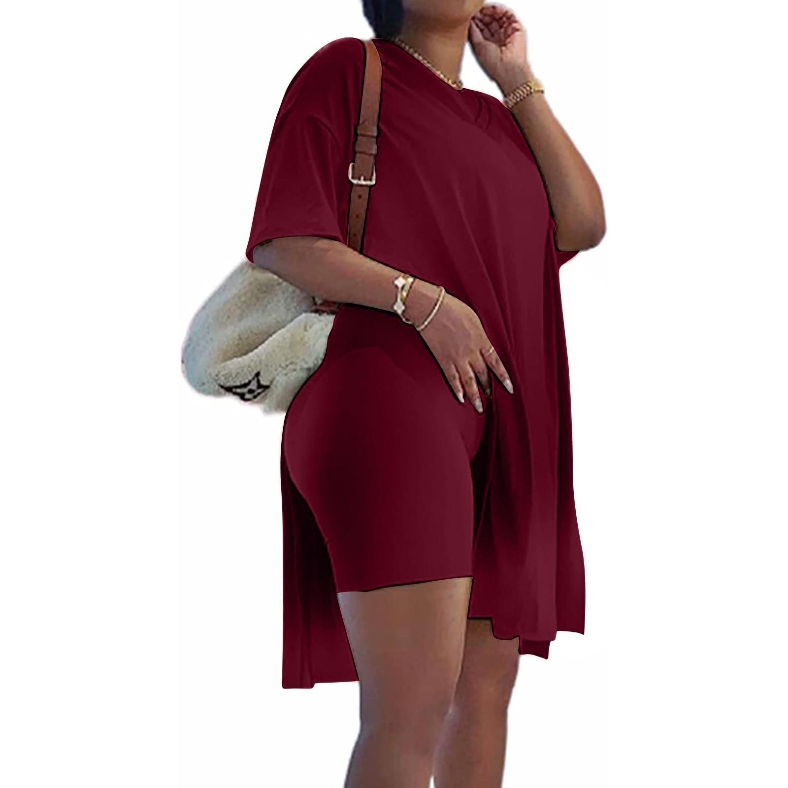 

Женская туника больших размеров с короткими рукавами и боковыми разрезами и узкие шорты, комплект спортивной одежды из 2 предметов XXXL винный