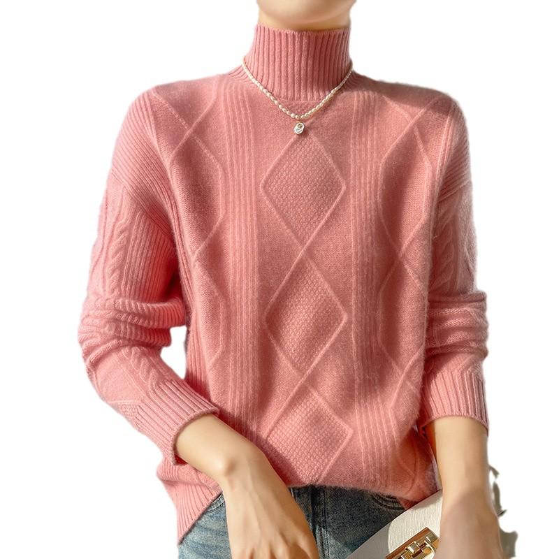 100% Pure Wool Women's Diamond Pattern Half-High Neck Sweater