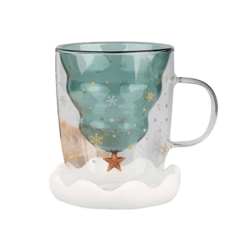 

1 шт. 300 мл/10 15 унций Рождественская чашка Стеклянный стакан Рождественская елка с крышкой Снежинка и ручкой Двойные стенки Изолированное стекло Рождество 301-400ml