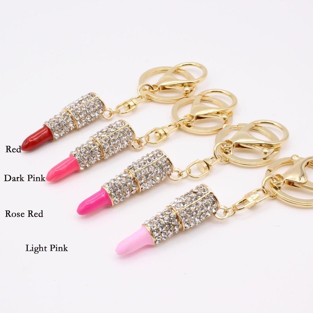 Eleganter Kristall-Strass Lippenstift Schlüsselanhänger Anhänger mit hochwertiger Zinklegierungskonstruktion