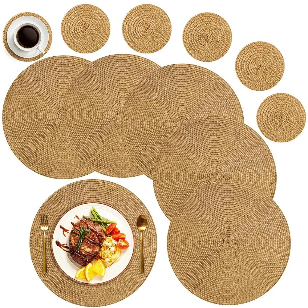 6Pcs Round Table Mat and Cup Coasters Set Woven Ramie Placemats Anti Slip Dining Placemats Non-Slip Tableware Bowl Pads Kitchen