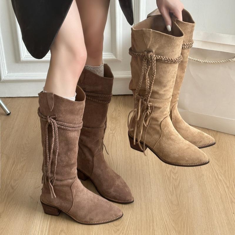 Women'S Shoes Retro Woven Fringed Knight Boots Women'S Autumn Thick Heel Thin Medium Tube Egyptian Boots Wasteland Pile