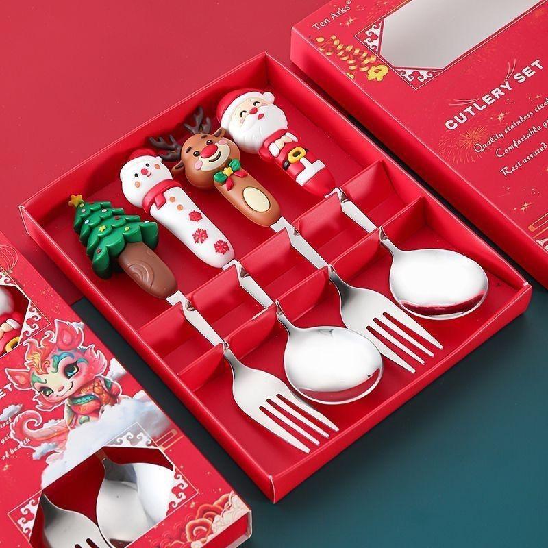New Cartoon Christmas Round Head Spoon Fork Tableware Cartoon Coffee Spoon Christmas Gift Christmas Tree Silver Gift Box