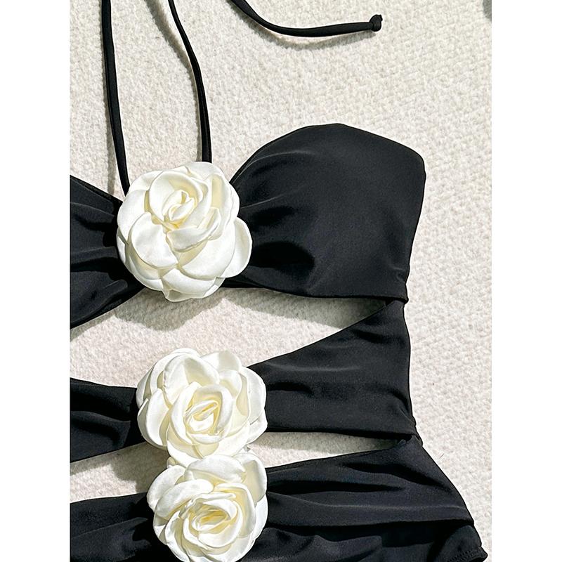 Einfarbige 3D-Blumen Neckholder Rückenfreie Bademode Sexy Einteiliger Badeanzug Damen Bade- Schwimmanzug Tragen Ausgeschnittene Bikinis