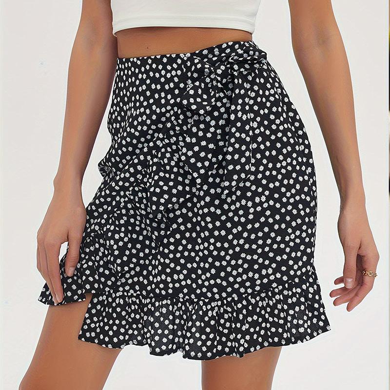 Summer women s high-waisted floral skirt, drawstring elastic waist ruffle edge irregular skirt M чёрный