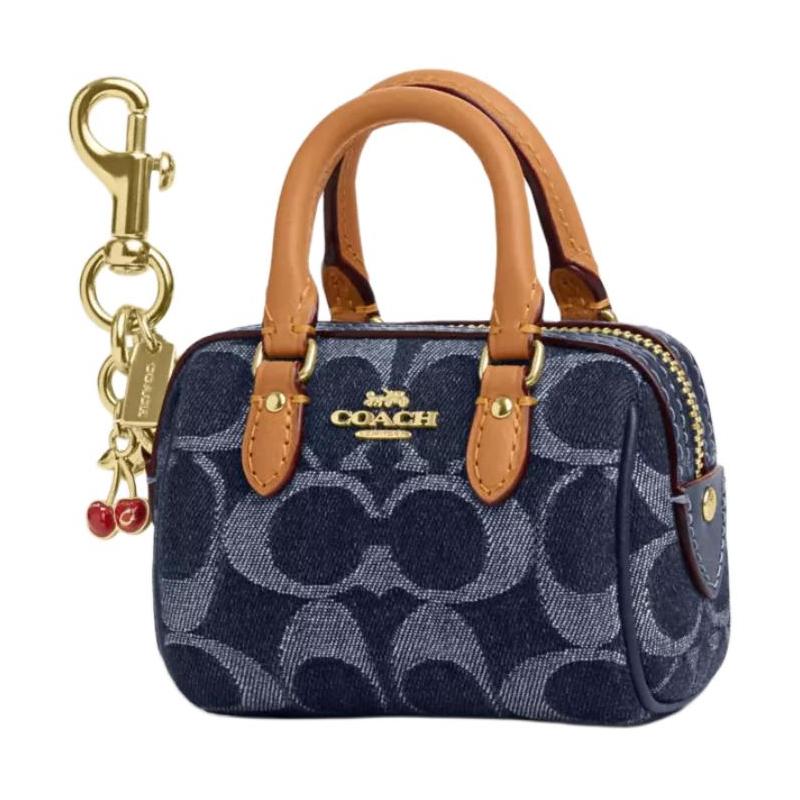 COACH Rowan 9 classic printed brand logo denim and leather handbag regular women s blue and natural color Blue with natural color синий