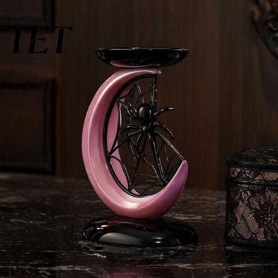 Modern Gothic Home Furnishing Halloween Pink Moon Spider Candle Holder, Sweet Dark Aesthetic Tray for Resin Pillar Base Candles, Tabletop Decor Window