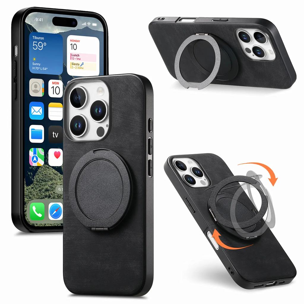 360 Rotating Ring Holder Kickstand Case For iPhone 16 Pro Max 15 Plus 14 13 12 11 SE 2024 Retro Pu Leather Back Magnetic Cover