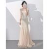 Champagne Fishtail Evening Dress   New Temperament Long Beautiful Host One-word Shoulder Fishtail Sequined Long Dress