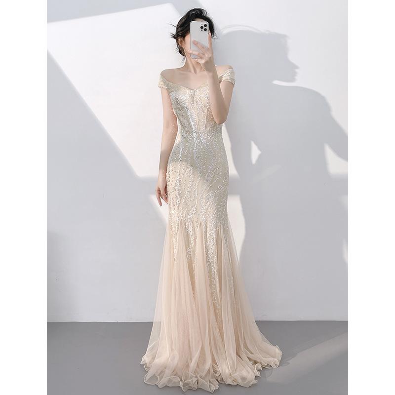 Champagne Fishtail Evening Dress New Temperament Long Beautiful Host One-word Shoulder Fishtail Sequined Long Dress
