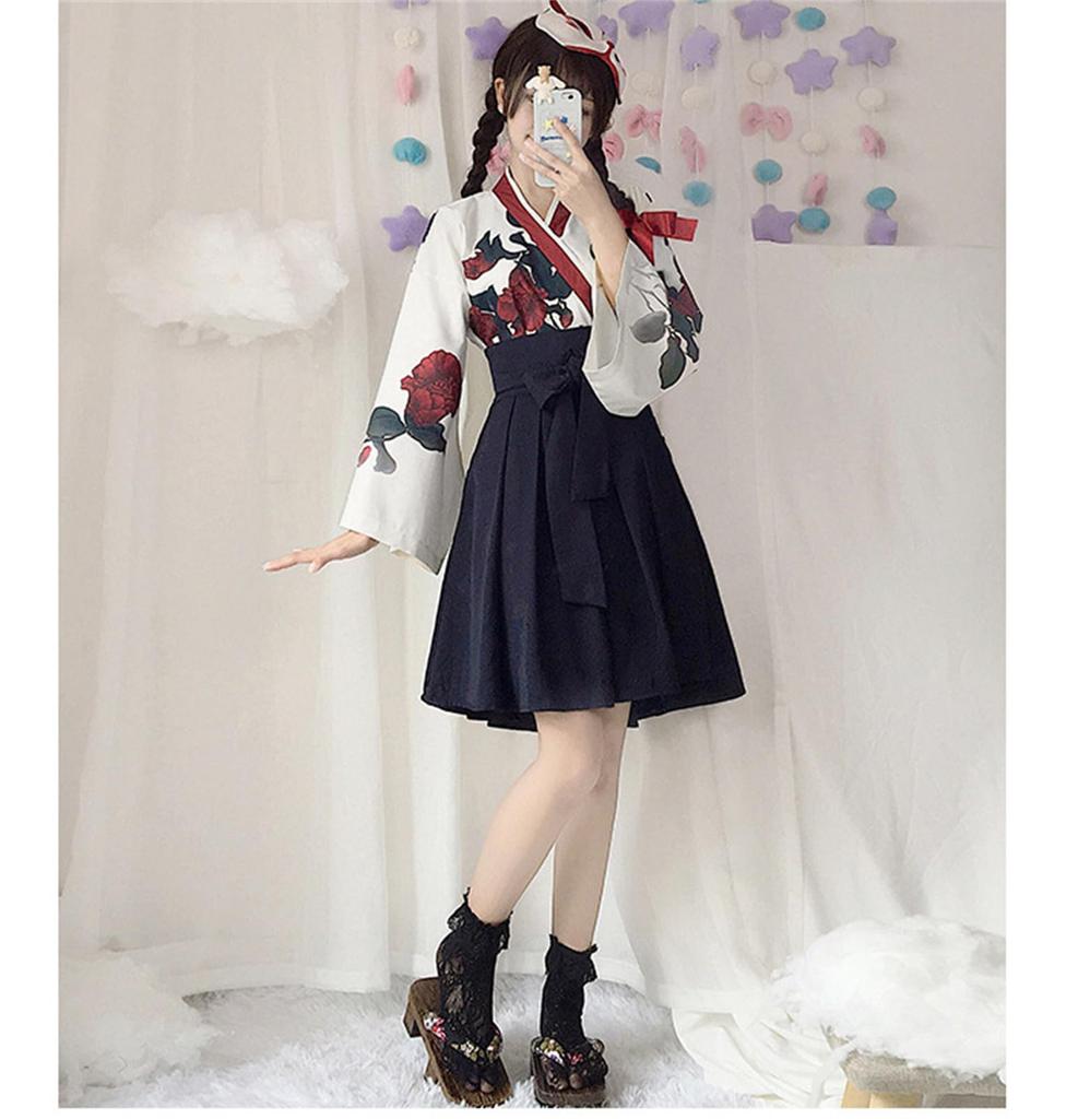 Qichenk Japanese Cosplay Gothic Lolita Rose Print Short Size Size S Kimono, Clothing, Costume, Women's Yukata, Dress, Length, hf003-D-Black,