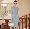 Women's Short Sleeve Blue Professional Skirt Suit - Summer Fashion Round Neck Reception Uniform