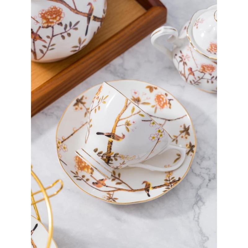 Fine China Bird Tree Pattern Coffee Cup/Teacup Set, 8 OZ Cups& Saucer Service for 4