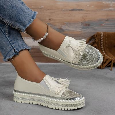 Damen-Slipper aus Leder mit Strassquasten und dicker Sohle, bequeme Freizeitschuhe zum Hineinschlüpfen, auch in großen Größen erhältlich, hochwertige Schuhe, Zapatillas