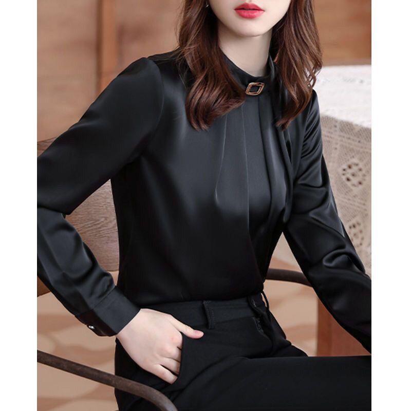 White Standing Collar Top Women's New Long Sleeve Bottoming Blouse Autumn Winter Professional Shirt