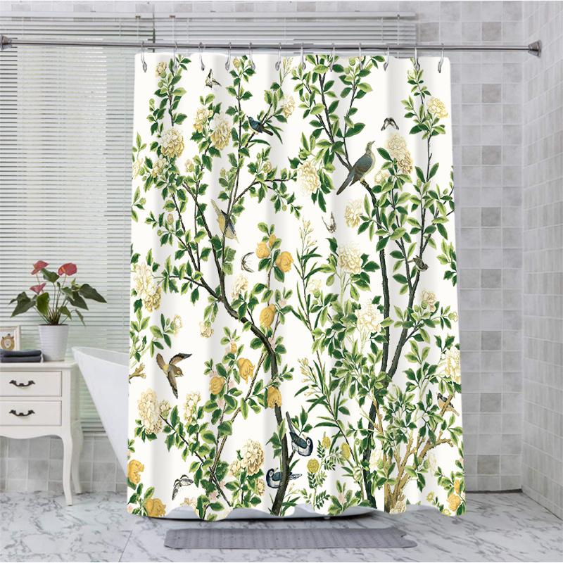 Floral and Bird Pattern Bathing Curtain  Bathroom Letters Shower Curtain Waterproof With 12 Hooks Fishes Home Deco Free Ship