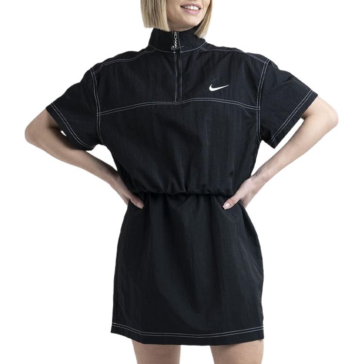 Nike Solid Color Logo Micro Mark Casual Stand Collar Short Sleeve Dress Women Dresses Black DM6197-010
