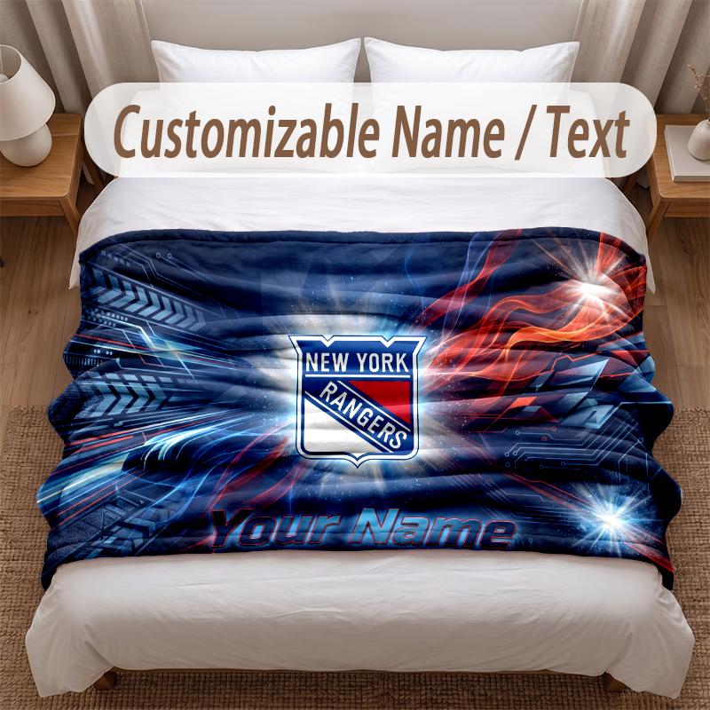 New York Rangers Printed Flannel Blanket Custom Name Text Soft Warm Throw For Bedroom Holiday Gift