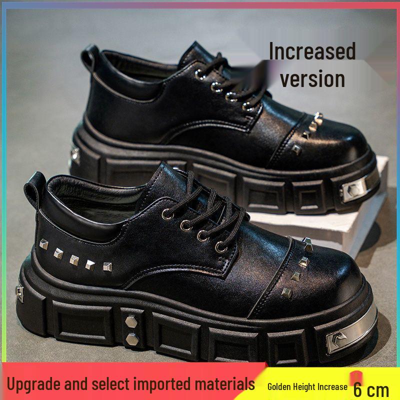 2025 Autumn Men's Black Derby Shoes - Korean Style Trendy Casual Leather with Height Increasing Thick Sole