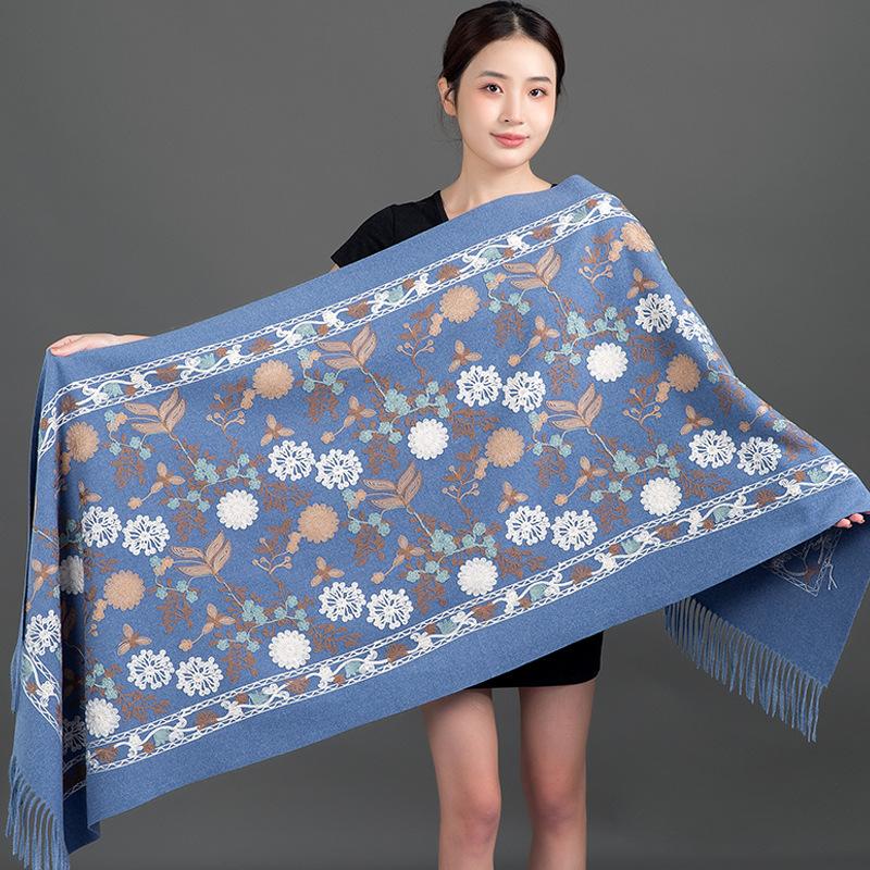 New Winter Shawl Embroider Tassel Women Shawl Thick Warm Cashmere Pashmina Scarves Lady Soft Wrap Bufanda Travel All-Match Scarf