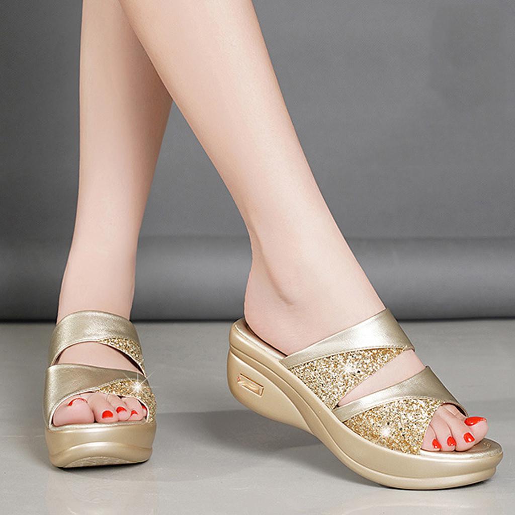 Dámské neformální sandály Slingback s třpytkami PU klín platforma Vintage pohodlné sandály pro ženy jaro léto klínové pantofle