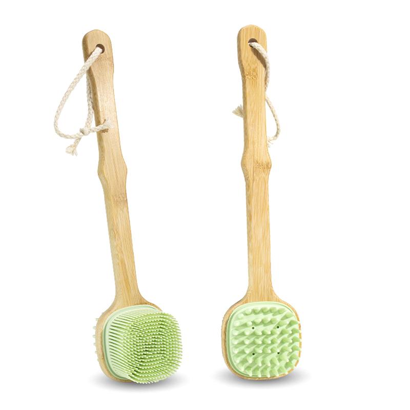 

1Pc Silicone Brush Head Back Scrubber Shower Brush With Long Wooden Handle Dry Skin Exfoliating Body Massage Cleaning Tool