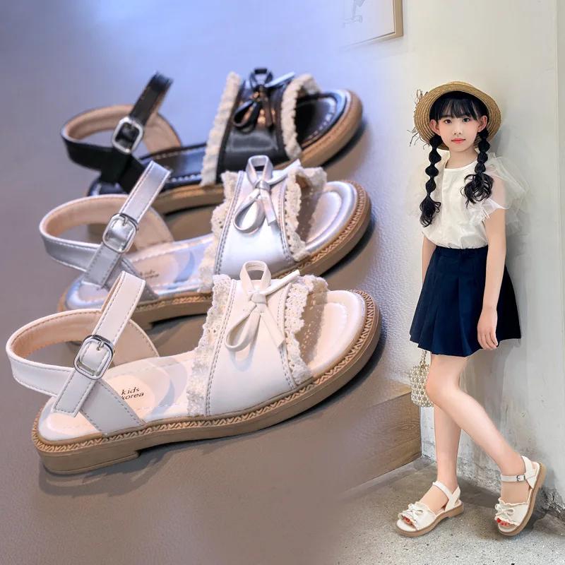 Fashion Girl's Summer Sandals Ruffles Matte Pu Leather Daily Kids Sliders Flat Stylish Open Toe Anti-slip Sweet Children Shoes 26-36